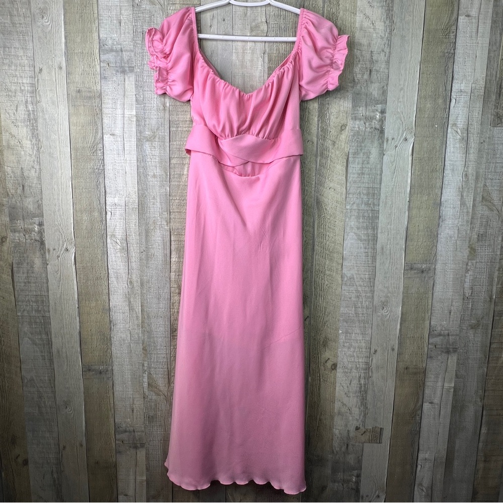 Pink Babydoll Peplum Bodice Dress with Puff Sleeves & Made On Tie Belt